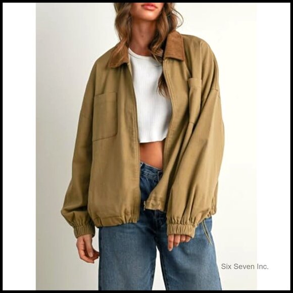 Corduroy Collar Utility Jacket Cinchable Hem Lightweight Workwear Chic Vintage - Picture 3 of 6